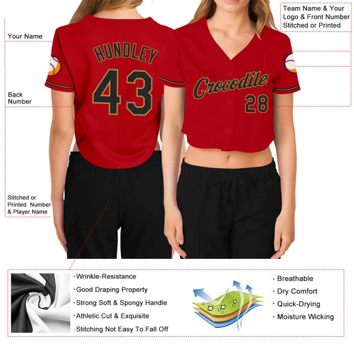 Womens Custom Red Black Old Gold V-Neck Cropped Baseball Jersey Custom Women's Red Black-Old Gold V-Neck Cropped Baseball - Image 3