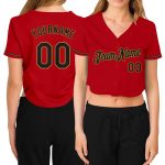 Womens Custom Red Black Old Gold V-Neck Cropped Baseball Jersey Custom Women's Red Black-Old Gold V-Neck Cropped Baseball