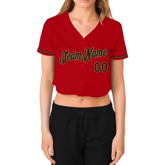 Womens Custom Red Black Old Gold V-Neck Cropped Baseball Jersey Custom Women's Red Black-Old Gold V-Neck Cropped Baseball - Image 2