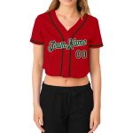 Custom Womens V-Neck Cropped Baseball Jersey in Red, Green, and White Custom Women's Red Green-White V-Neck Cropped Baseball - Image 2