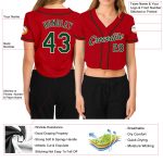Custom Womens V-Neck Cropped Baseball Jersey in Red, Green, and White Custom Women's Red Green-White V-Neck Cropped Baseball - Image 3