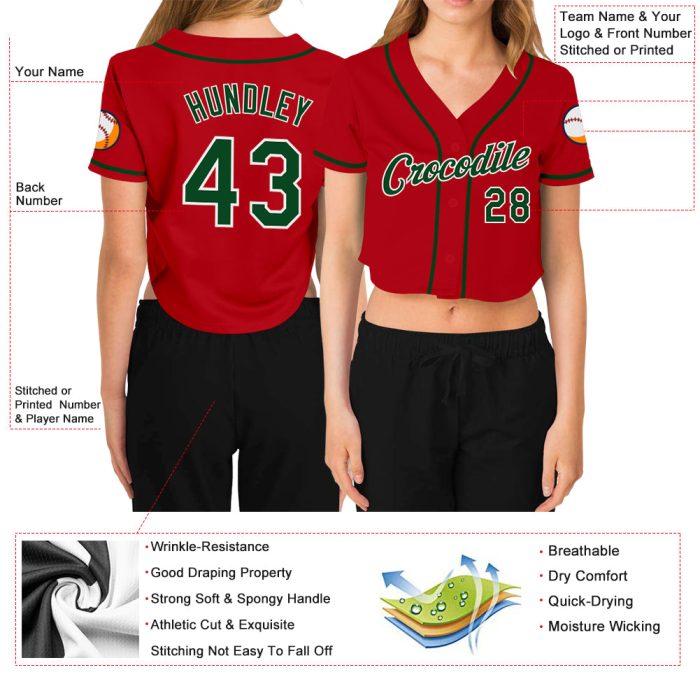 Custom Womens V-Neck Cropped Baseball Jersey in Red, Green, and White Custom Women's Red Green-White V-Neck Cropped Baseball - Image 3