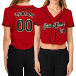 Custom Womens V-Neck Cropped Baseball Jersey in Red, Green, and White Custom Women's Red Green-White V-Neck Cropped Baseball