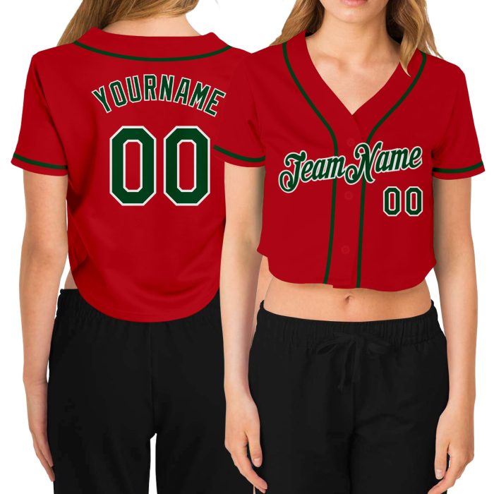 Custom Womens V-Neck Cropped Baseball Jersey in Red, Green, and White Custom Women's Red Green-White V-Neck Cropped Baseball - Image 1