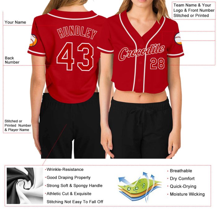 Custom Womens Red and White V-Neck Cropped Baseball Jersey - Stylish Sportswear Top Custom Women's Red Red-White V-Neck Cropped - Image 3