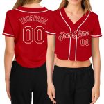 Custom Womens Red and White V-Neck Cropped Baseball Jersey - Stylish Sportswear Top Custom Women's Red Red-White V-Neck Cropped