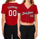 Custom Womens Red White Black V-Neck Baseball Jersey Cropped Style Custom Women's Red White-Black V-Neck Cropped Baseball