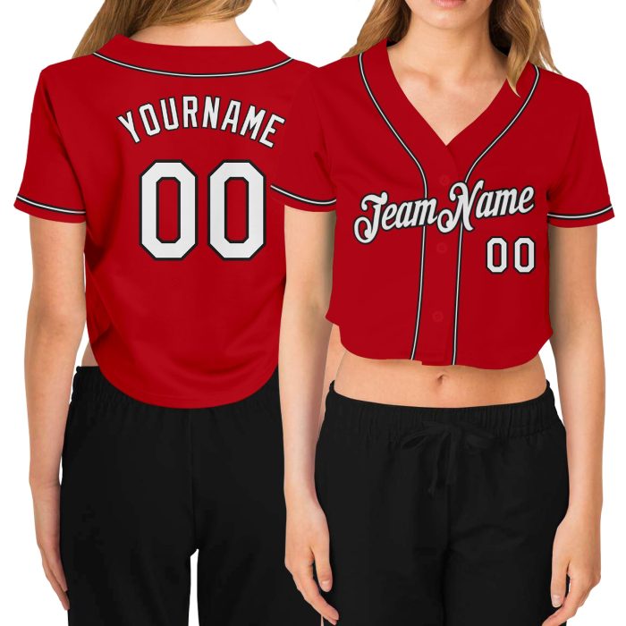 Custom Womens Red White Black V-Neck Baseball Jersey Cropped Style Custom Women's Red White-Black V-Neck Cropped Baseball - Image 1