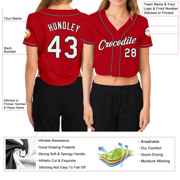 Custom Womens Red White Black V-Neck Baseball Jersey Cropped Style Custom Women's Red White-Black V-Neck Cropped Baseball - Image 3