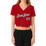 Custom Womens Red White Black V-Neck Baseball Jersey Cropped Style Custom Women's Red White-Black V-Neck Cropped Baseball - Image 2