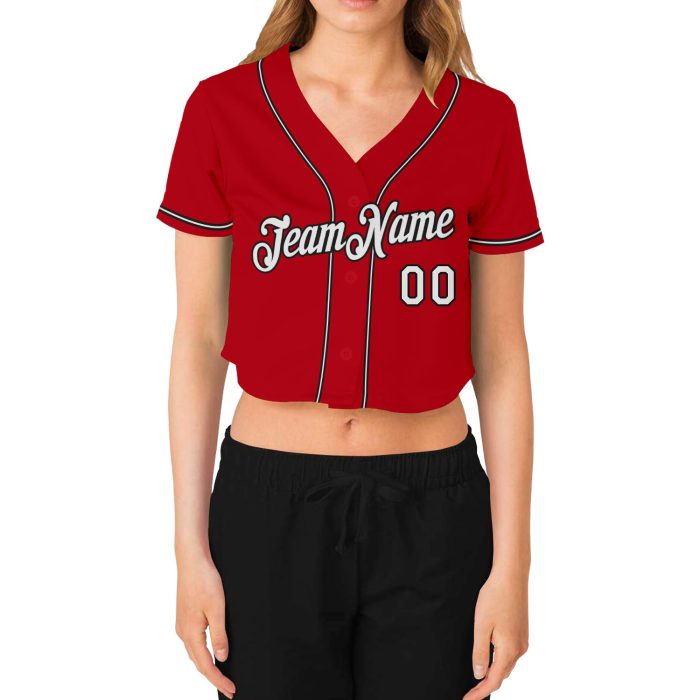 Custom Womens Red White Black V-Neck Baseball Jersey Cropped Style Custom Women's Red White-Black V-Neck Cropped Baseball - Image 2