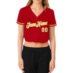 Custom Womens Baseball Jersey Red White Gold V-Neck Cropped Top Custom Women's Red White-Gold V-Neck Cropped Baseball Jersey - Image 2