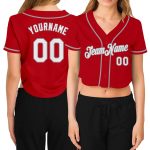 Custom Red White Gray Womens Cropped V-Neck Baseball Jersey for Casual Wear Custom Women's Red White-Gray V-Neck Cropped