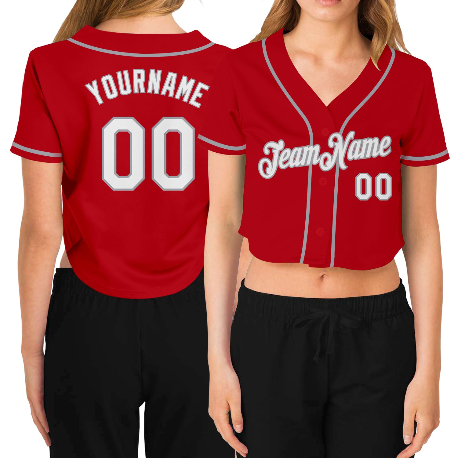 Custom Red White Gray Womens Cropped V-Neck Baseball Jersey for Casual Wear Custom Women's Red White-Gray V-Neck Cropped
