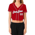 Custom Red White Gray Womens Cropped V-Neck Baseball Jersey for Casual Wear Custom Women's Red White-Gray V-Neck Cropped - Image 2