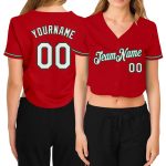 Custom V-Neck Cropped Baseball Jersey for Women in Red, White, and Kelly Green Custom Women's Red White-Kelly Green V-Neck