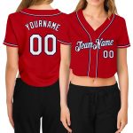 Custom Womens Red White Navy V-Neck Cropped Jersey for Baseball Custom Women's Red White-Navy V-Neck Cropped Baseball Jersey