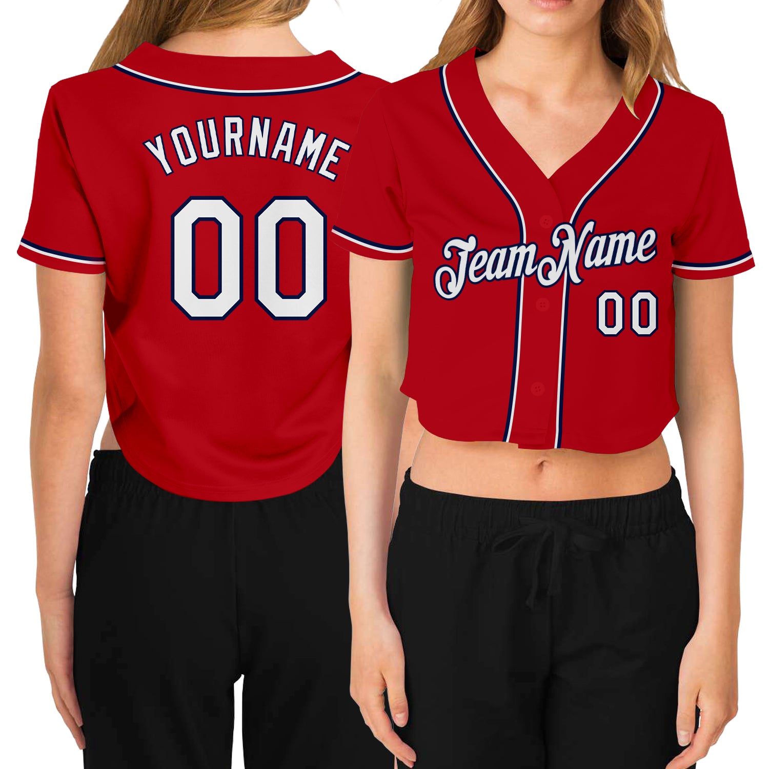 Custom Womens Red White Navy V-Neck Cropped Jersey for Baseball Custom Women's Red White-Navy V-Neck Cropped Baseball Jersey