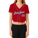 Custom Womens Red White Navy V-Neck Cropped Jersey for Baseball Custom Women's Red White-Navy V-Neck Cropped Baseball Jersey - Image 2
