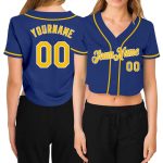 Custom Royal Gold White Womens V-Neck Cropped Baseball Jersey Custom Women's Royal Gold-White V-Neck Cropped Baseball Jersey