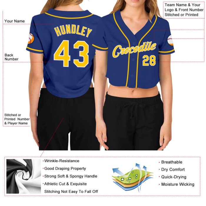 Custom Royal Gold White Womens V-Neck Cropped Baseball Jersey Custom Women's Royal Gold-White V-Neck Cropped Baseball Jersey - Image 3