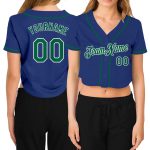 Custom Womens V-Neck Cropped Baseball Jersey in Royal Kelly Green and White Custom Women's Royal Kelly Green-White V-Neck