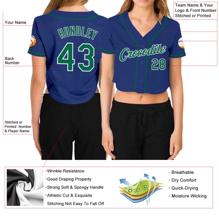 Custom Womens V-Neck Cropped Baseball Jersey in Royal Kelly Green and White Custom Women's Royal Kelly Green-White V-Neck - Image 3
