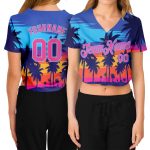 Royal Pink Light Blue Hawaii Palm Trees 3D V-Neck Cropped Jersey for Women Custom Women's Royal Pink-Light Blue Hawaii Palm