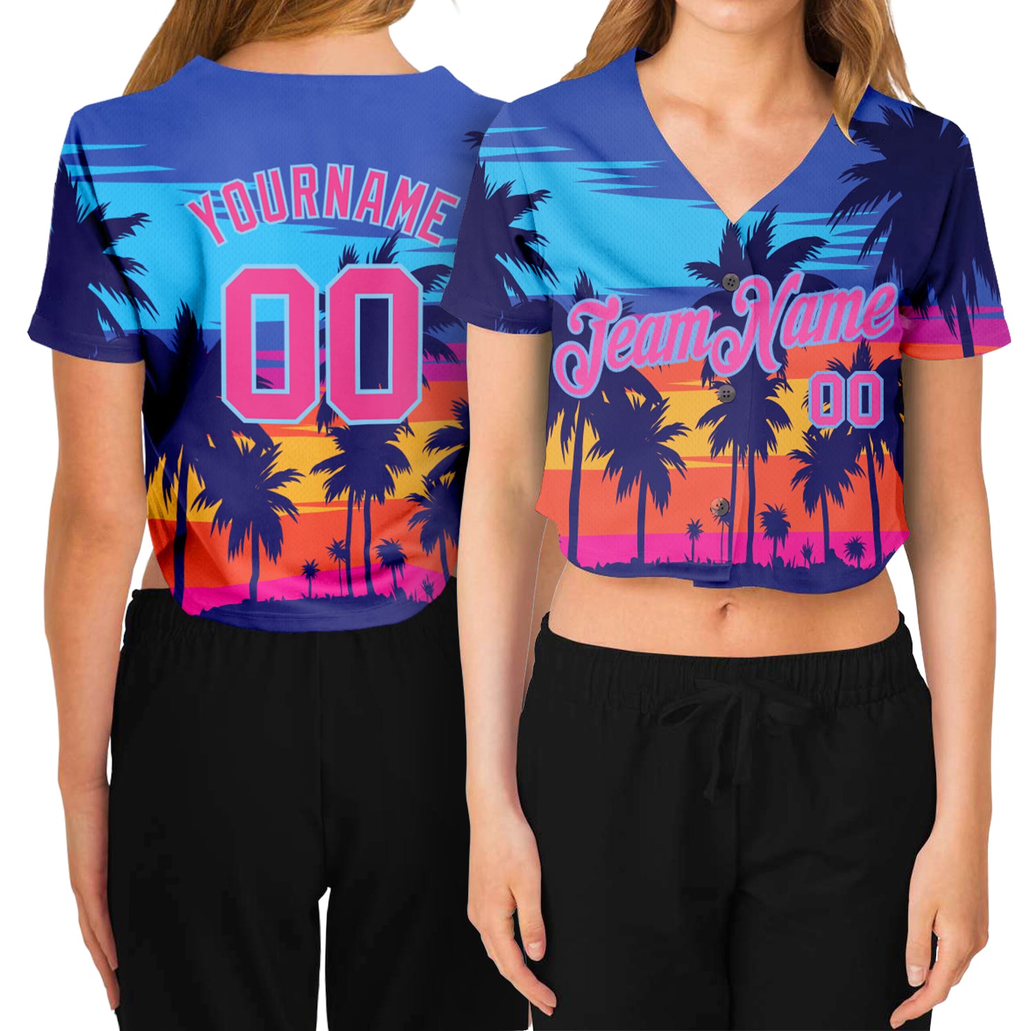 Custom Women's Royal Pink-Light Blue Hawaii Palm Trees 3D V-Neck Cropped Baseball Jersey Royal Pink Light Blue Hawaii Palm Trees 3D V-Neck Cropped Jersey for Women Custom Women's Royal Pink-Light Blue Hawaii Palm - Image 1