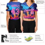 Royal Pink Light Blue Hawaii Palm Trees 3D V-Neck Cropped Jersey for Women Custom Women's Royal Pink-Light Blue Hawaii Palm - Image 3