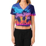 Royal Pink Light Blue Hawaii Palm Trees 3D V-Neck Cropped Jersey for Women Custom Women's Royal Pink-Light Blue Hawaii Palm - Image 2