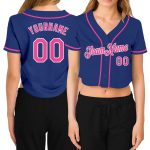 Womens Custom Royal Pink-White V-Neck Cropped Baseball Jersey Custom Women's Royal Pink-White V-Neck Cropped Baseball Jersey