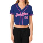 Womens Custom Royal Pink-White V-Neck Cropped Baseball Jersey Custom Women's Royal Pink-White V-Neck Cropped Baseball Jersey - Image 2