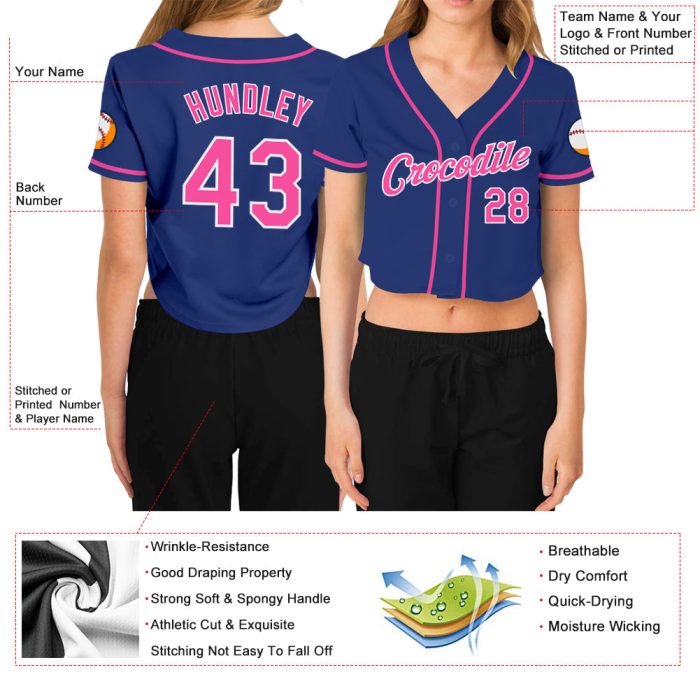 Womens Custom Royal Pink-White V-Neck Cropped Baseball Jersey Custom Women's Royal Pink-White V-Neck Cropped Baseball Jersey - Image 3