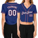Womens Custom Royal White Red V-Neck Cropped Baseball Jersey Custom Women's Royal White-Red V-Neck Cropped Baseball Jersey