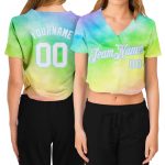 Custom Tie Dye V-Neck Cropped Baseball Jersey Women White Blue Rainbow Style 9407 Custom Women's Tie Dye White-Light Blue