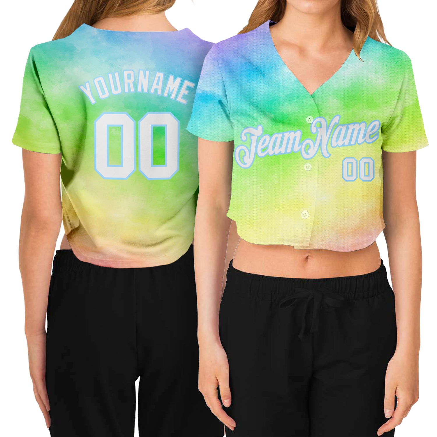Custom Tie Dye V-Neck Cropped Baseball Jersey Women White Blue Rainbow Style 9407 Custom Women's Tie Dye White-Light Blue