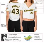 Custom Womens V-Neck Baseball Jersey Black Gold Cropped White Design Custom Women's White Black-Gold V-Neck Cropped Baseball - Image 3