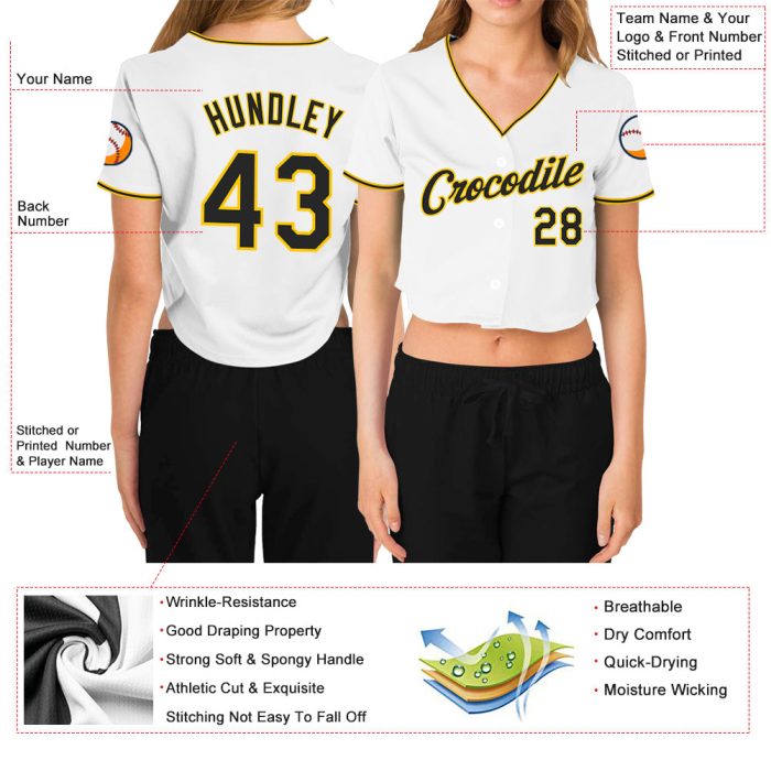 Custom Womens V-Neck Baseball Jersey Black Gold Cropped White Design Custom Women's White Black-Gold V-Neck Cropped Baseball - Image 3