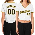 Custom Womens V-Neck Baseball Jersey Black Gold Cropped White Design Custom Women's White Black-Gold V-Neck Cropped Baseball