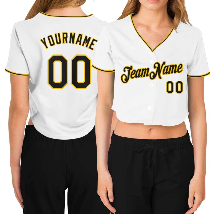 Custom Womens V-Neck Baseball Jersey Black Gold Cropped White Design Custom Women's White Black-Gold V-Neck Cropped Baseball - Image 1