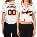 Custom Womens V-Neck Cropped Baseball Jersey in White Black-Orange Custom Women's White Black-Orange V-Neck Cropped Baseball