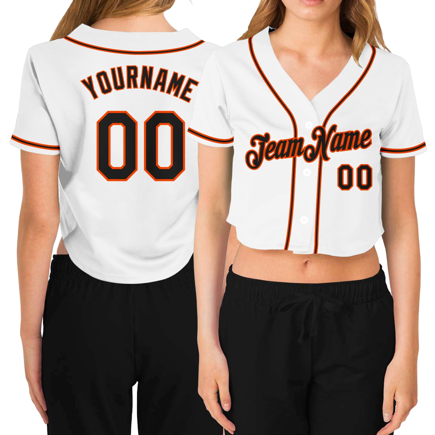 Custom Women's White Black-Orange V-Neck Cropped Baseball Jersey Custom Womens V-Neck Cropped Baseball Jersey in White Black-Orange Custom Women's White Black-Orange V-Neck Cropped Baseball - Image 1