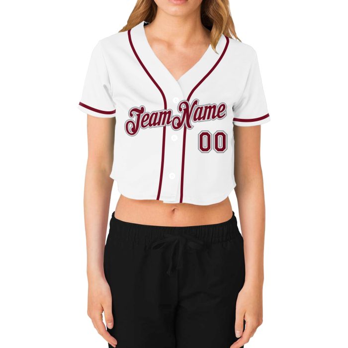 Custom Womens V-Neck Cropped Baseball Jersey in White Crimson-Gray Custom Women's White Crimson-Gray V-Neck Cropped Baseball - Image 2