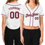 Custom Womens V-Neck Cropped Baseball Jersey in White Crimson-Gray Custom Women's White Crimson-Gray V-Neck Cropped Baseball