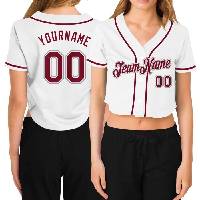 Custom Womens V-Neck Cropped Baseball Jersey in White Crimson-Gray Custom Women's White Crimson-Gray V-Neck Cropped Baseball - Image 1