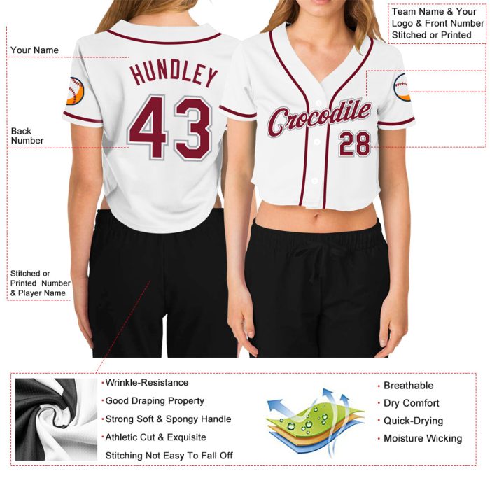 Custom Womens V-Neck Cropped Baseball Jersey in White Crimson-Gray Custom Women's White Crimson-Gray V-Neck Cropped Baseball - Image 3