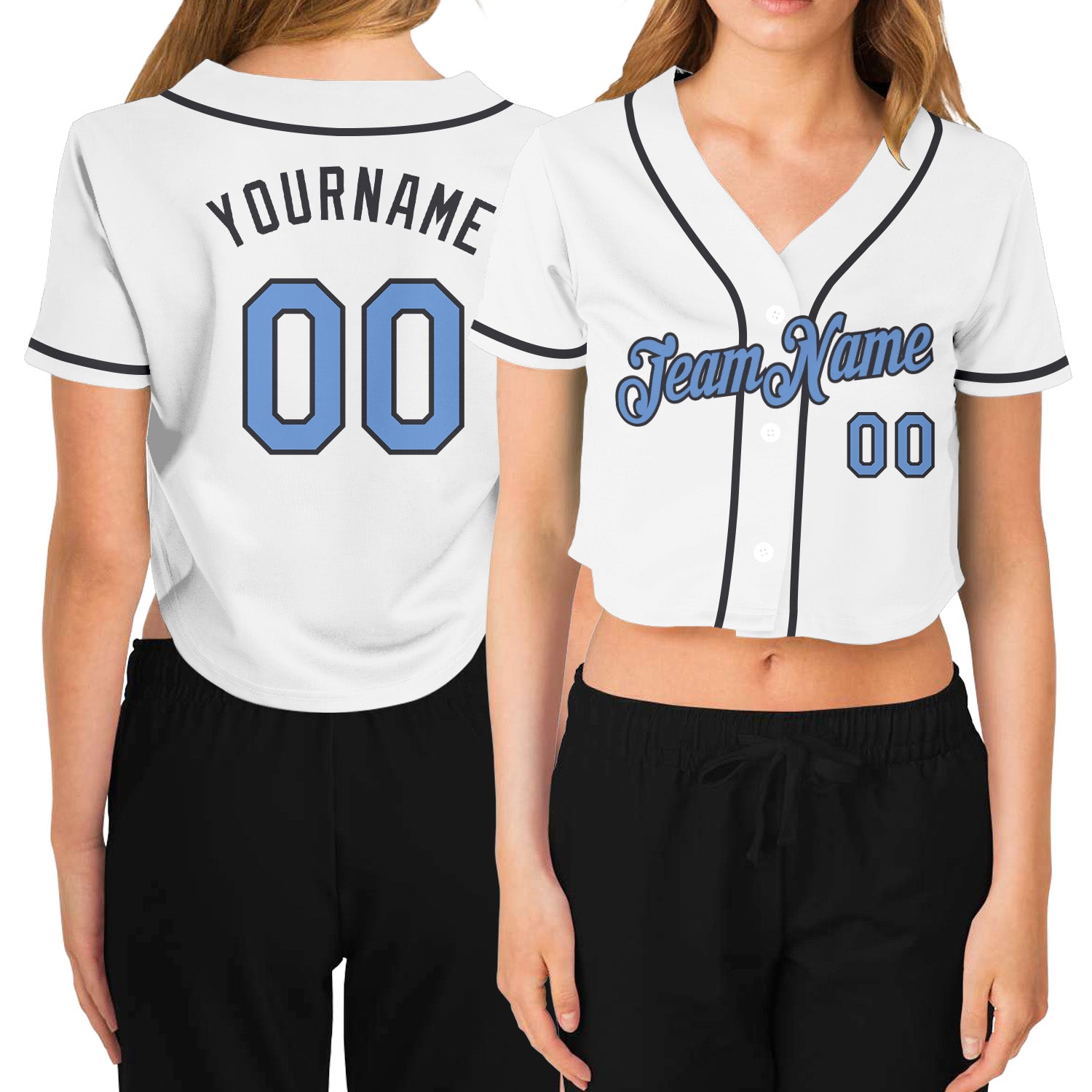 Custom Womens V-Neck Cropped Baseball Jersey in Light Blue & Steel Gray, Unique Sports Apparel for Stylish Fans Custom Women's