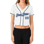 Custom Womens V-Neck Cropped Baseball Jersey in Light Blue & Steel Gray, Unique Sports Apparel for Stylish Fans Custom Women's - Image 2