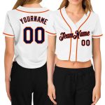 Womens Custom V-Neck Baseball Jersey - White Navy-Orange Cropped Style Custom Women's White Navy-Orange V-Neck Cropped Baseball